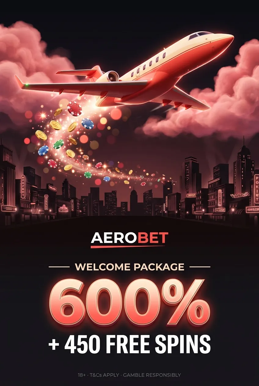 AeroBet casino promo poster with coral-red private jet banking through glowing rose clouds above neon skyline, trailing gold 