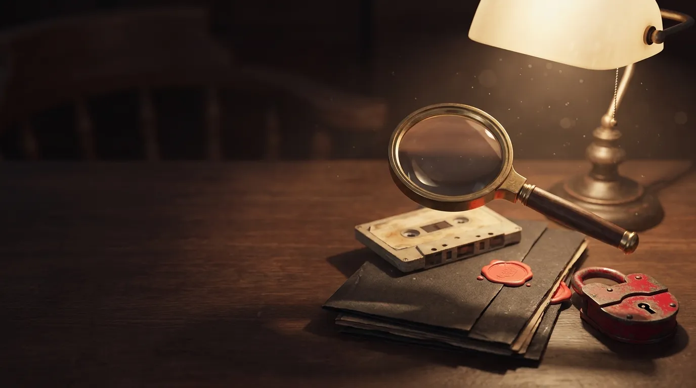 Brass magnifying glass hovering over vintage cassette tape and dark documents with coral wax seals on antique desk with warm 