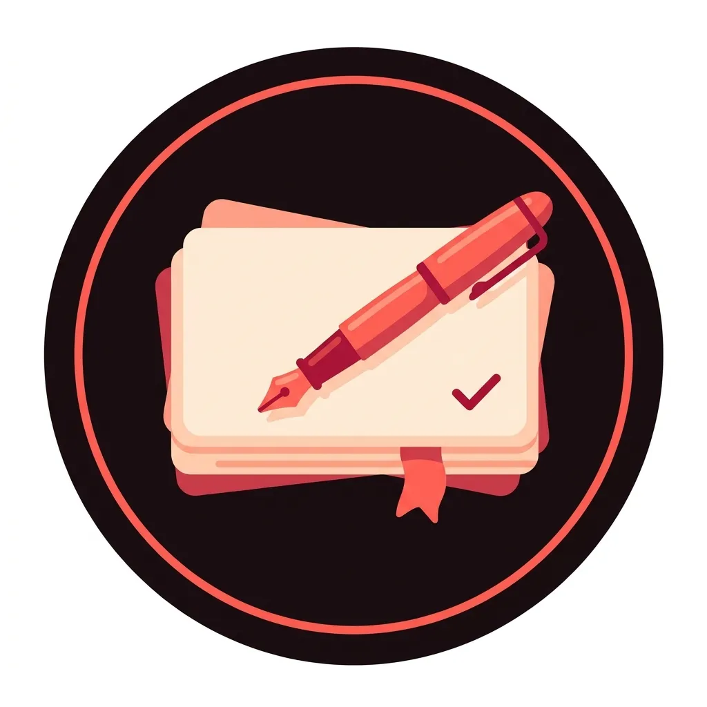 Flat vector circular badge avatar showing stacked index cards with fountain pen and coral bookmark ribbon on deep wine backgr