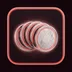 Five glossy chrome and coral coins with circuit-line engravings fanned out on a deep wine charcoal background with coral glow