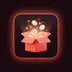 Premium 3D glossy icon of an open coral-red gift box with cream coins and glowing sparks rising from it on a deep wine backgr