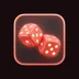 Two glossy coral-red 3D dice with cream glowing pips, one slightly tilted, on a deep wine charcoal background with coral rim 