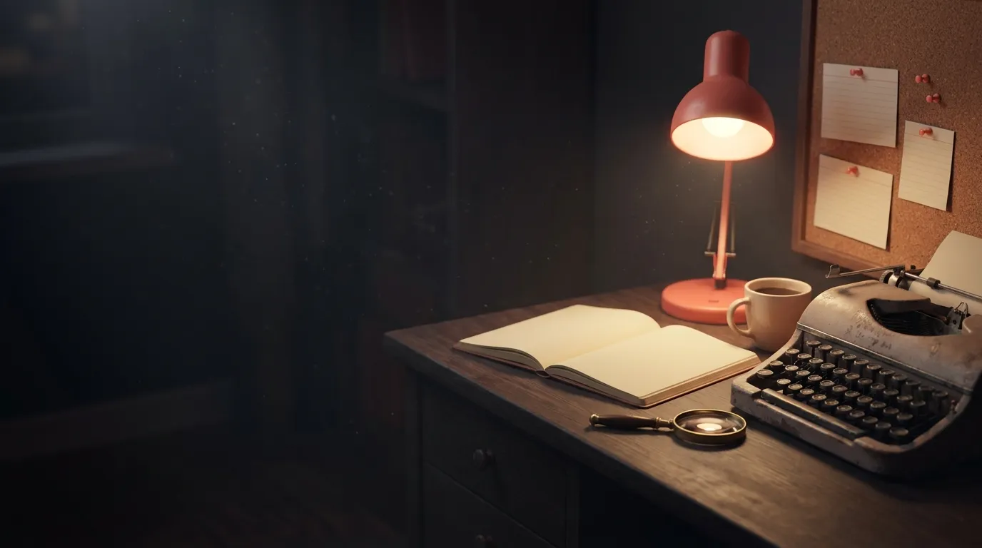 Cinematic 3D render of a dark wooden desk at night featuring a vintage typewriter, open notebook, brass magnifying glass, and