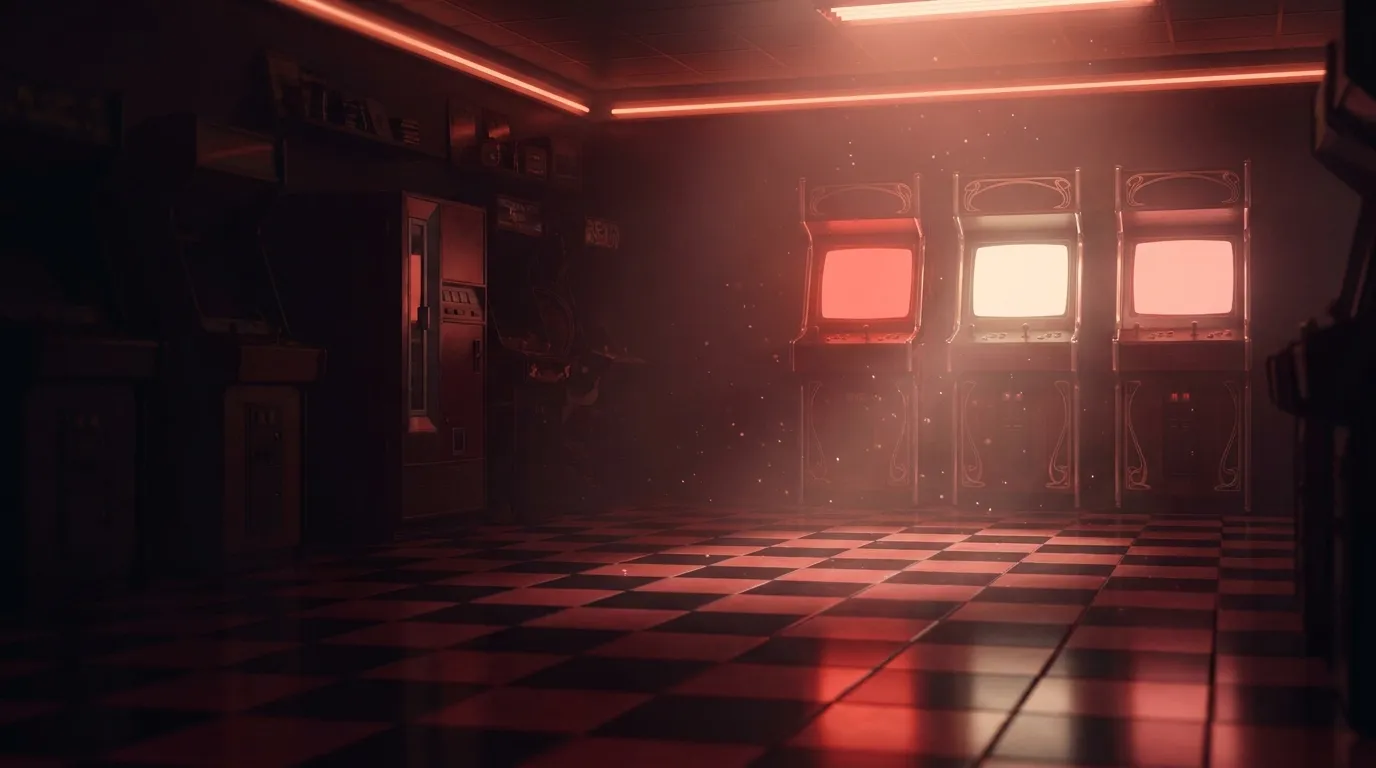 Dark retro arcade hall at night with coral neon reflections on checkerboard floor and three glowing vintage arcade cabinets i