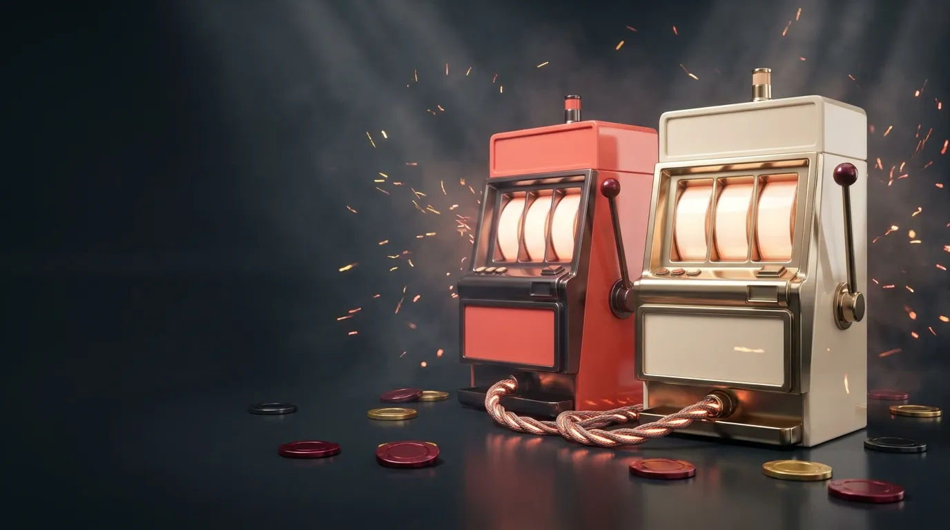 Two vintage lever slot machines in cream and coral red chrome on a dark glossy stage, connected by a glowing cable with scatt