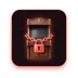 Glossy 3D icon of a vintage arcade cabinet with a coral-red padlock on a chain across its blank screen on dark background