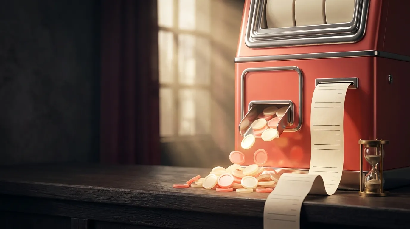 Glossy coral red chrome vintage token machine dispensing cream tokens onto dark counter beside brass hourglass and unrolled r