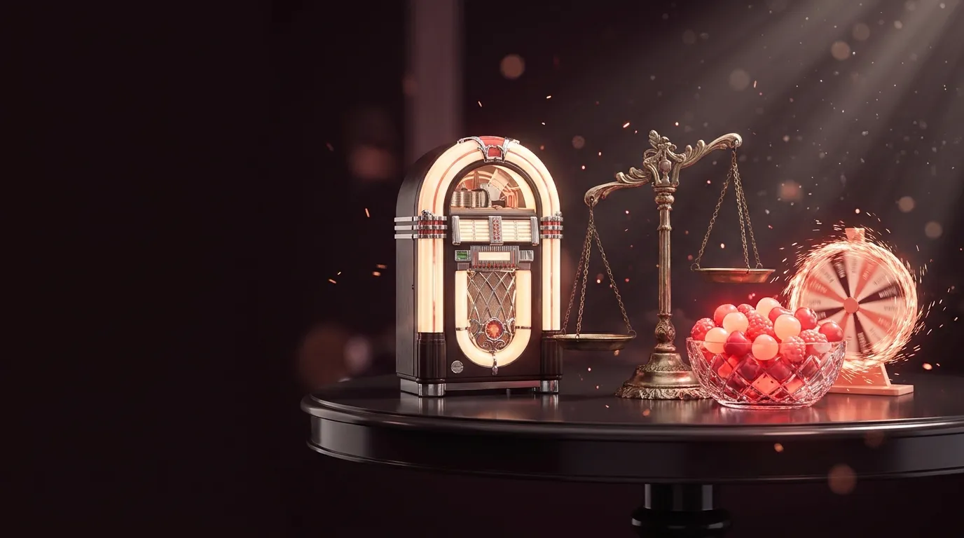 Cinematic 3D render of a glowing chrome jukebox, crystal bowl of coral-red berries, spinning prize wheel, and antique brass s