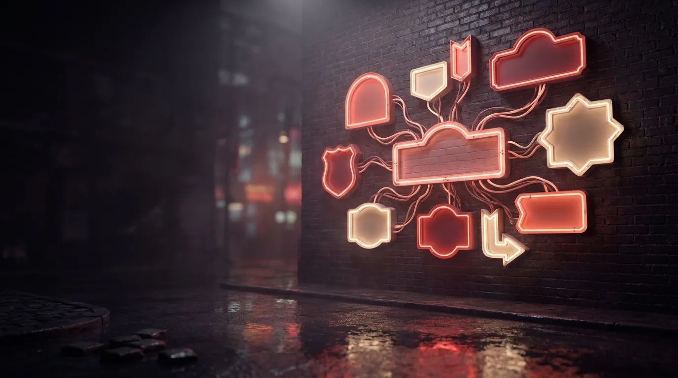 Cinematic 3D render of retro neon sign frames in coral, rose and cream glowing on a dark brick wall at night with wet street 
